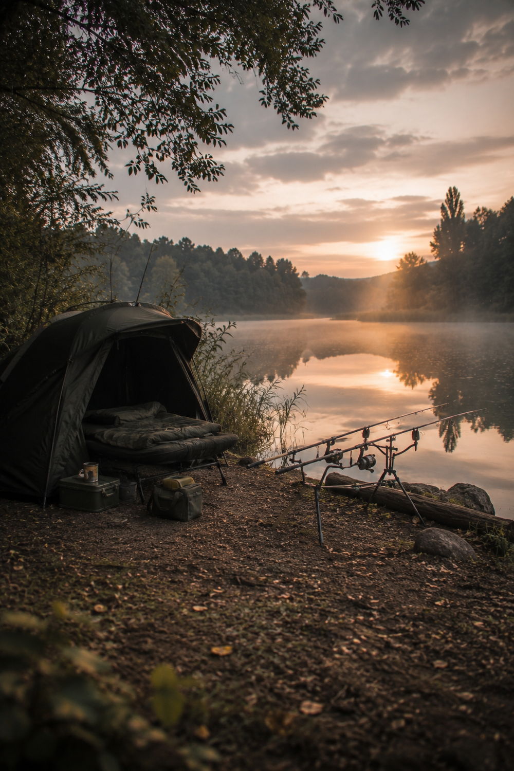 Angler's swim at dawn with bivvy and rods set up beside a European lake