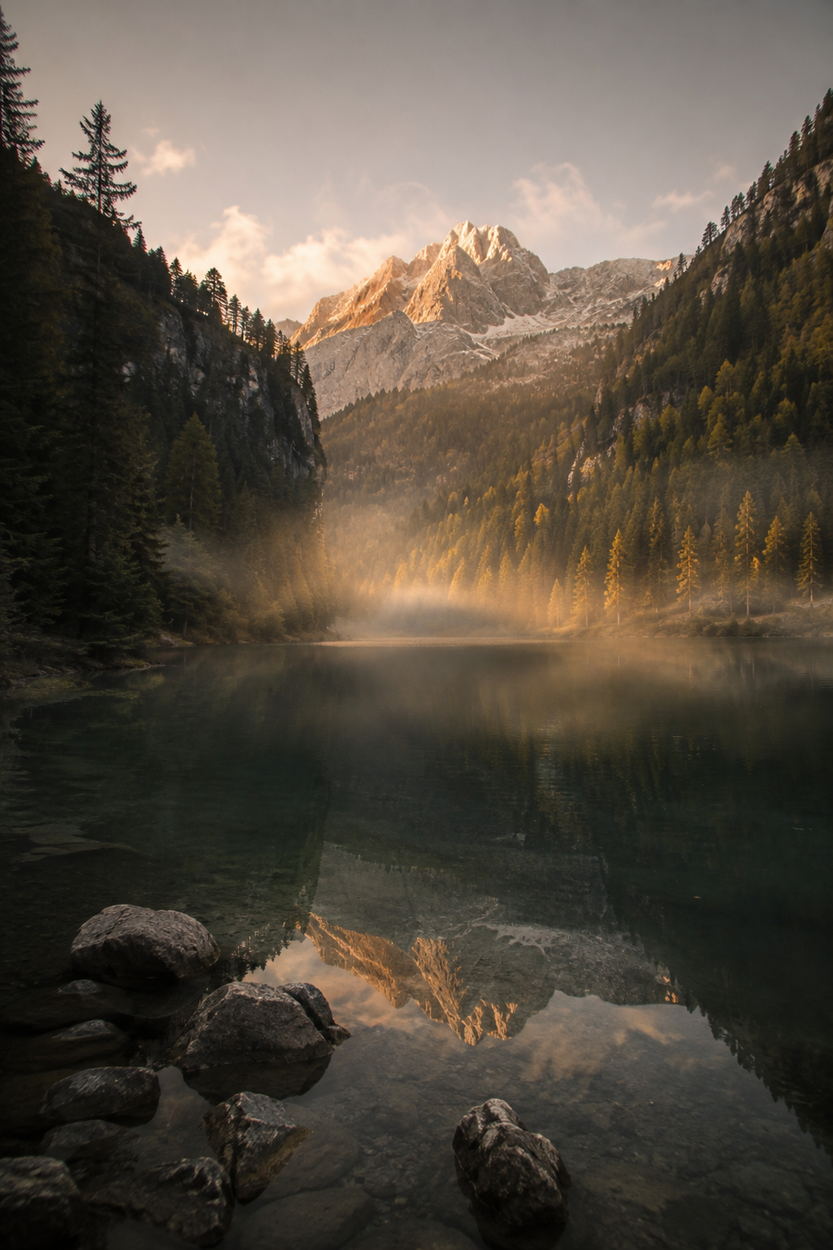 Clear alpine lake in Austria beneath mountains