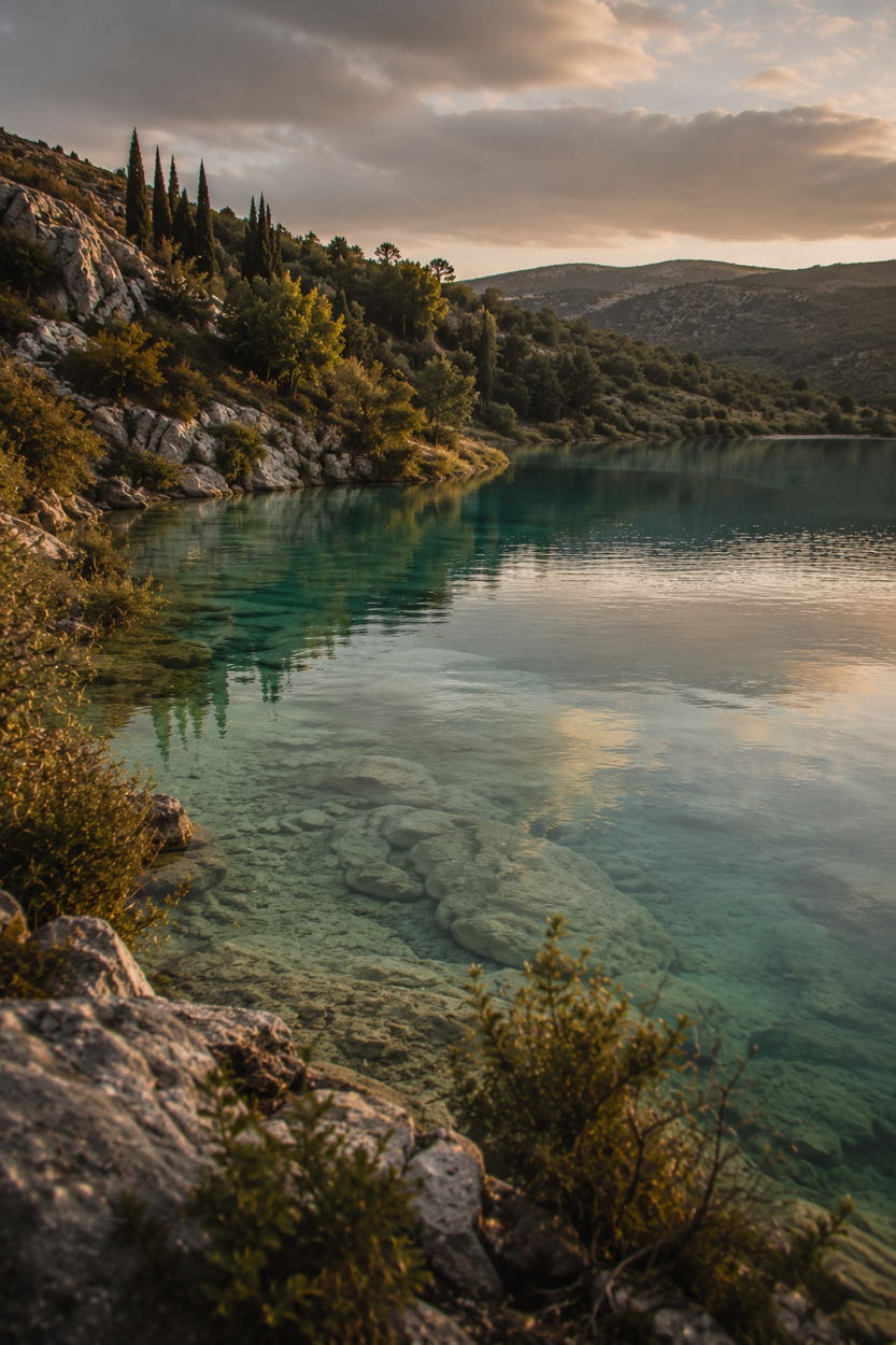 Warm-water Croatian lake at dusk