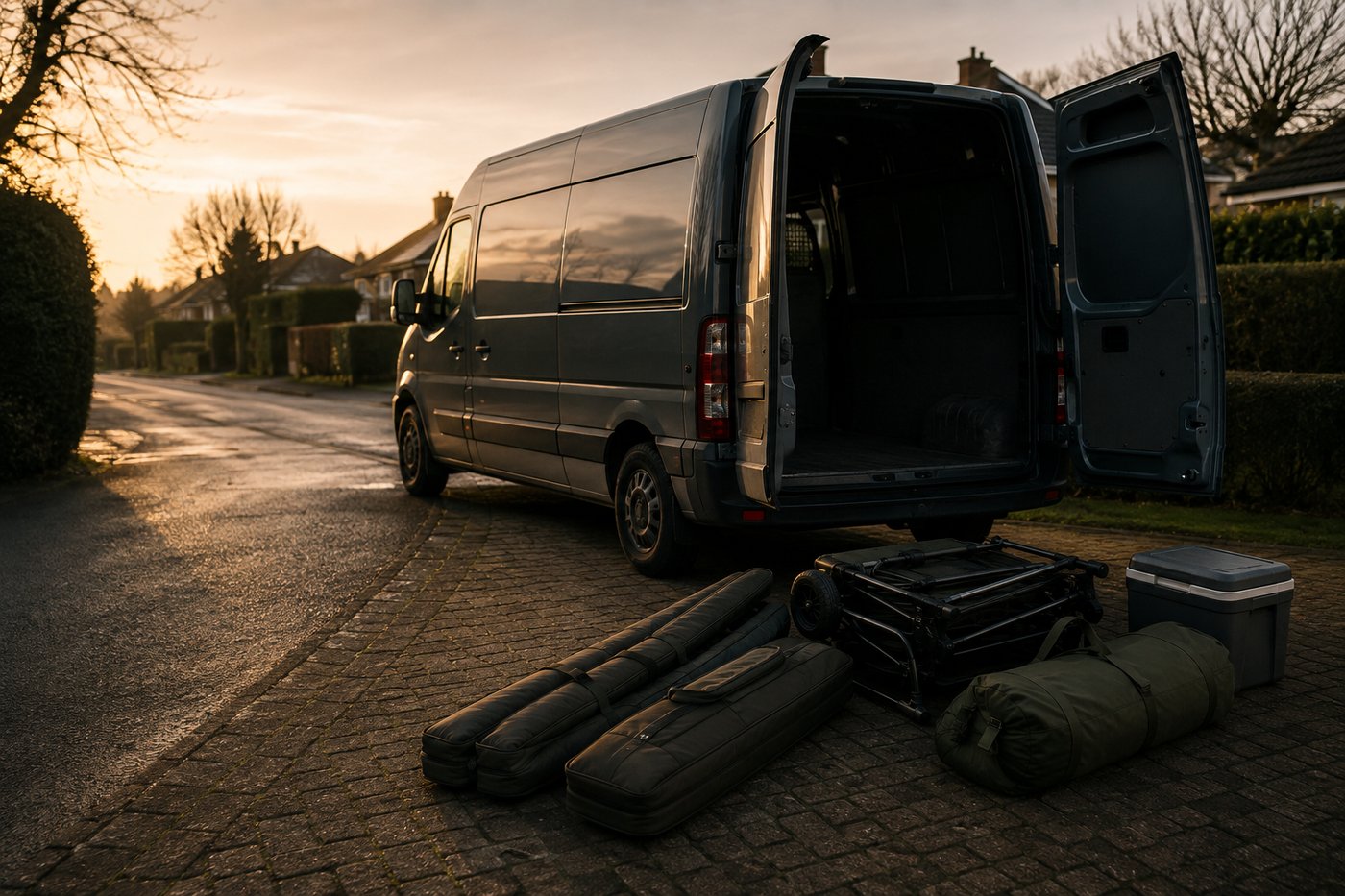 Tackle Taxi van on a UK driveway at dawn with rod holdalls, barrow and cool box ready to load