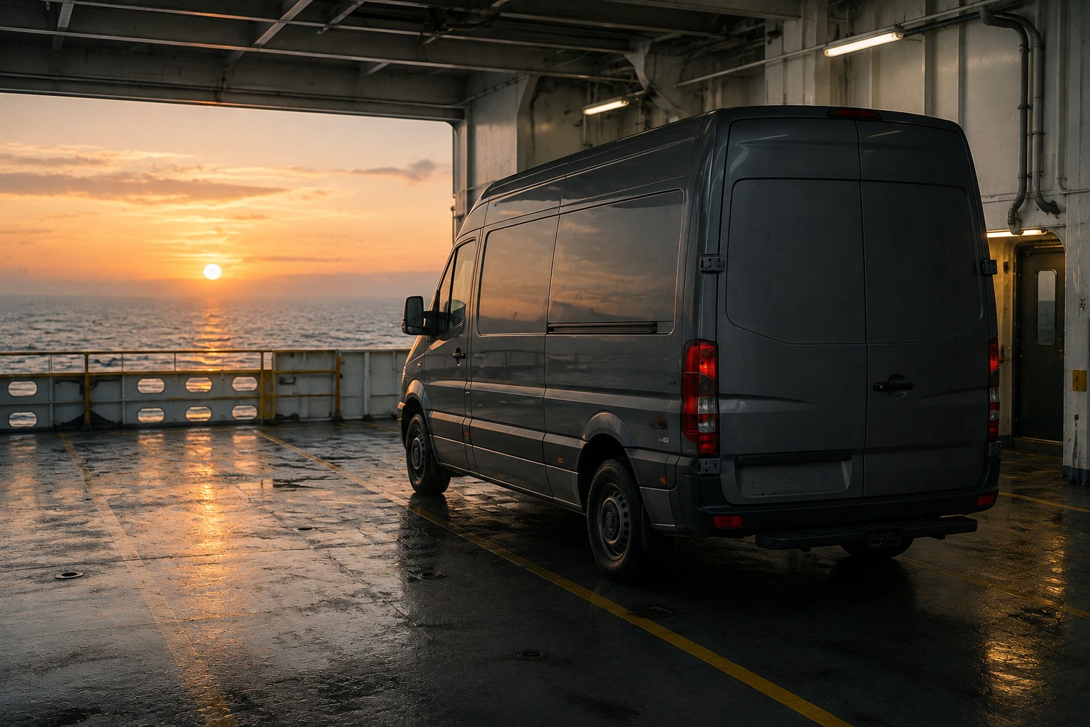 Tackle Taxi van on a ferry deck at dawn, crossing to Europe