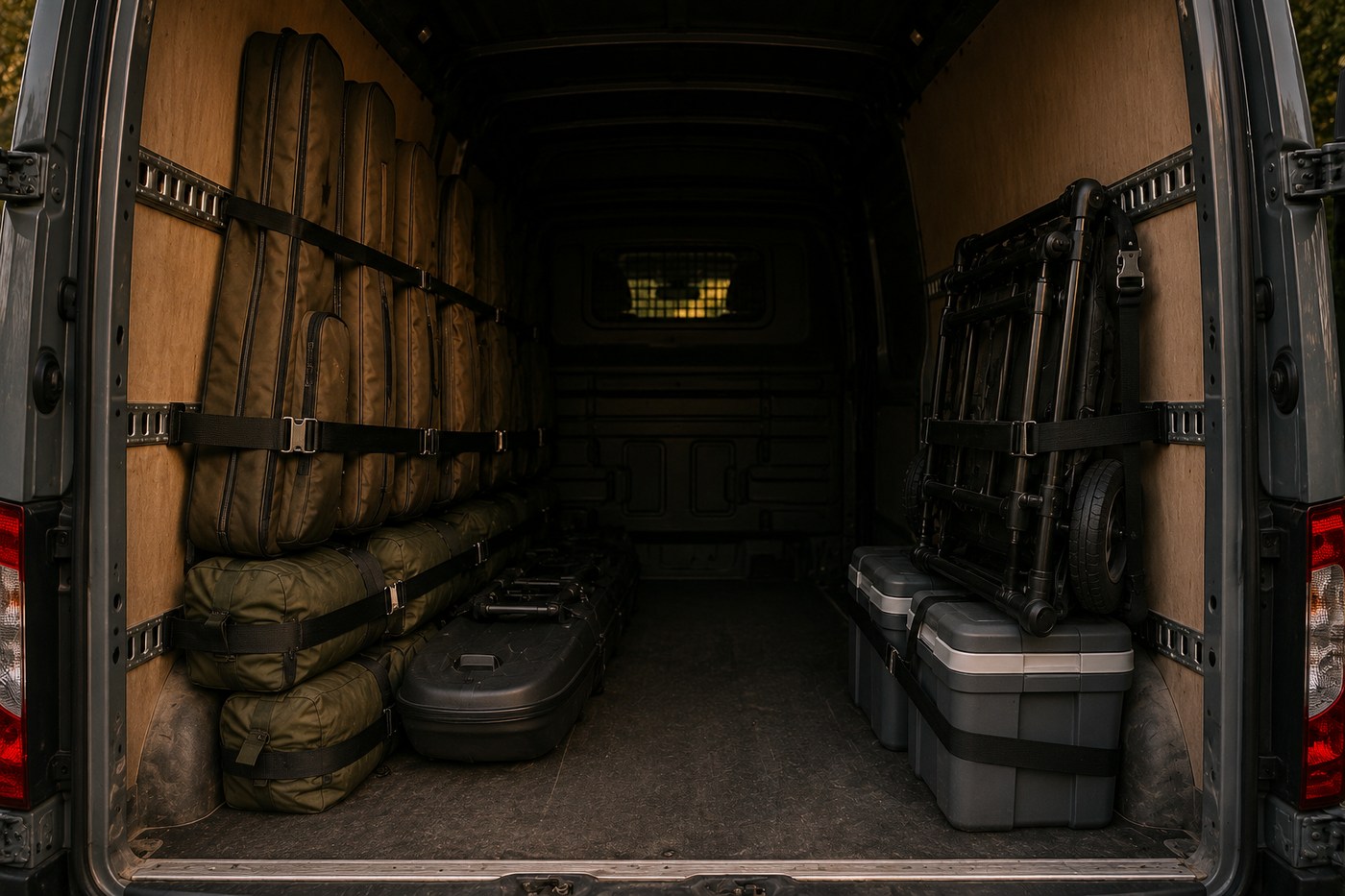Inside the Tackle Taxi van with rod holdalls ratchet-strapped to the lashing rails and cool boxes secured low