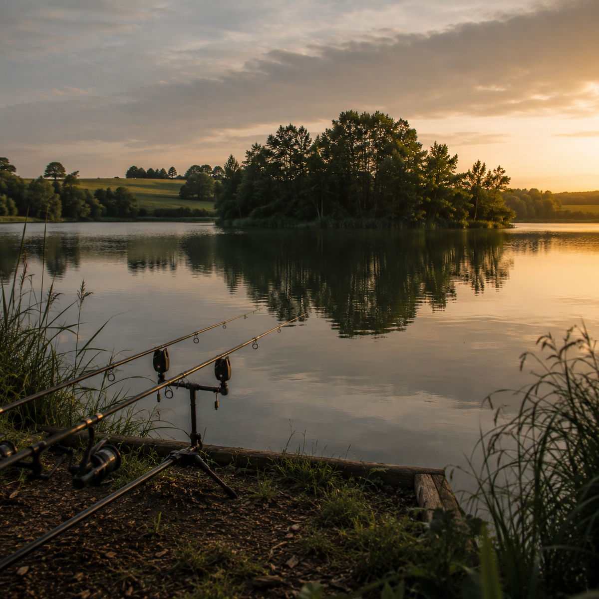 Lac de Villedon carp lake in France with rods set up on the bank at evening